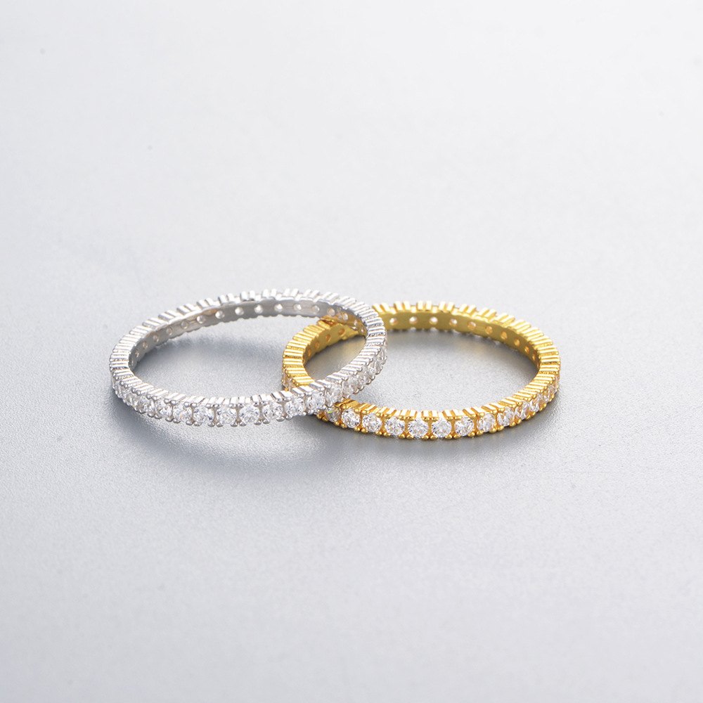925 Sterling Silver Gold Plated Full Eternity Band Ring Round Cut Cubic Zirconia Wedding Jewelry for Women