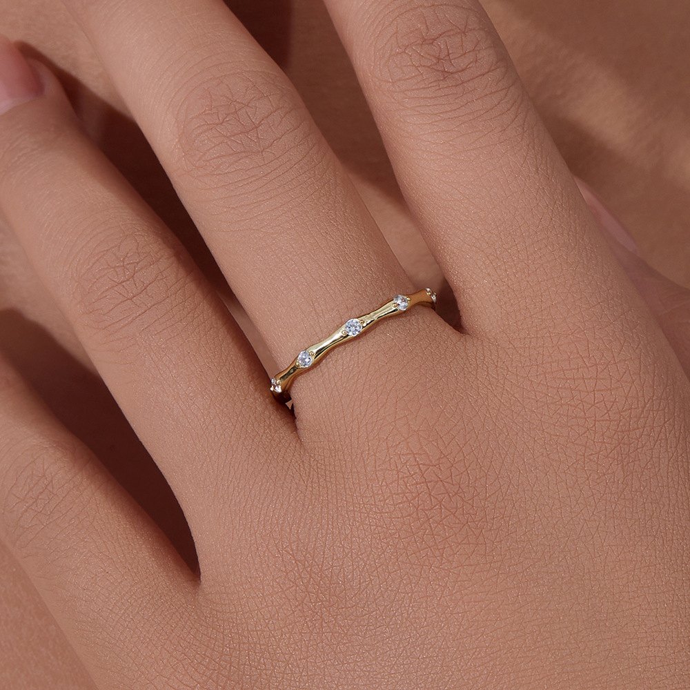 925 Sterling Silver Gold Plated Wave Band Ring with Cubic Zirconia Minimalist Stackable Fashion Jewelry