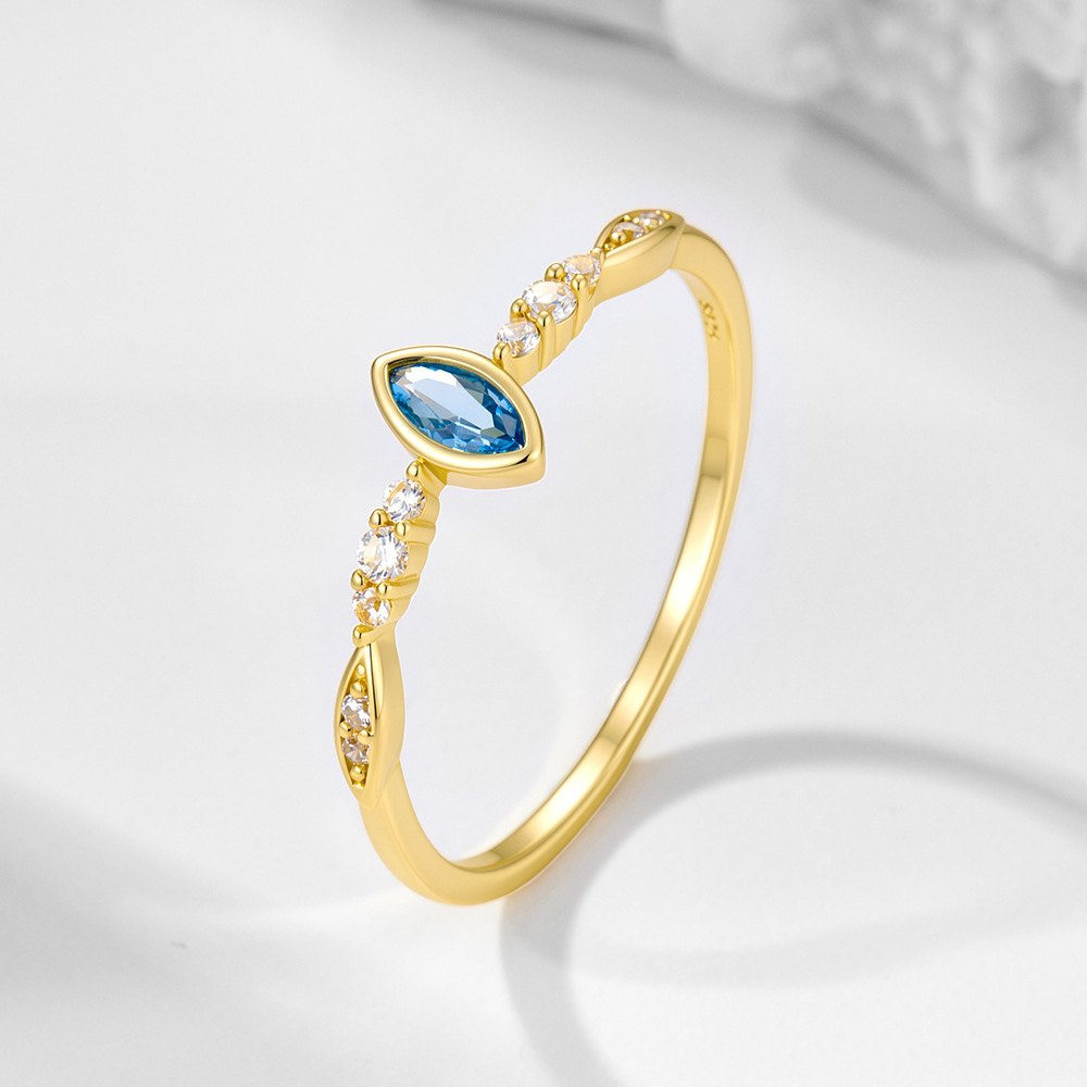 925 Sterling Silver Gold Plated Blue Marquise CZ Ring for Women Minimalist Stackable Promise Ring