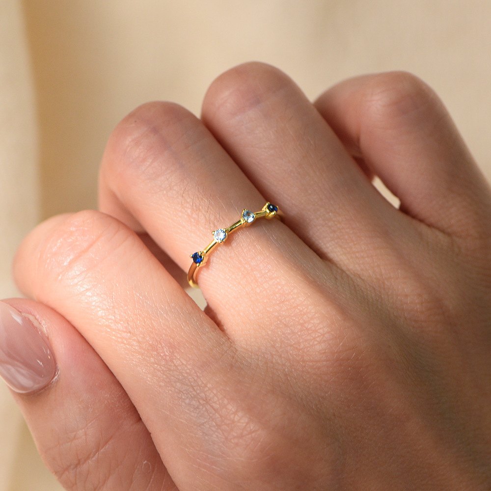 925 Sterling Silver Gold Plated Blue and White CZ Ring for Women Minimalist Stackable Band Ring