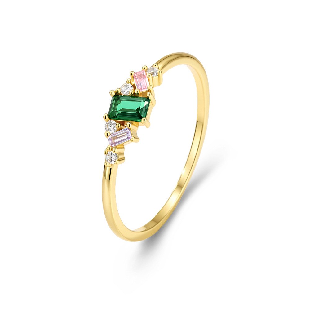 925 Sterling Silver Gold Plated Emerald Cut Green CZ Ring for Women Minimalist Stackable Promise Ring