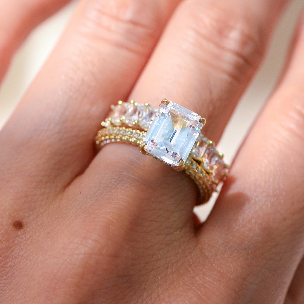 925 Sterling Silver Gold Plated Double Layer CZ Eternity Ring Luxury Stackable Geometric Band Ring for Women - Image 3
