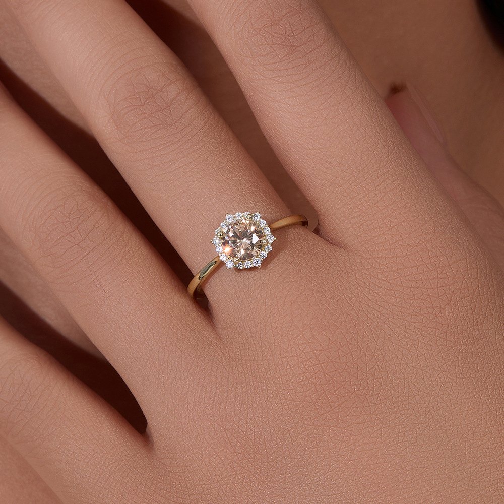 Wholesale 925 Sterling Silver Gold Plated Champagne Cubic Zirconia Halo Ring Round Cut Fashion Jewelry Ring for Women - Image 3