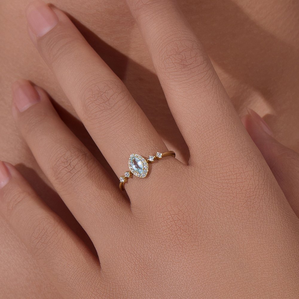 925 Sterling Silver Gold Plated Marquise Cut Blue CZ Open Ring Adjustable Cubic Zirconia Ring for Women
