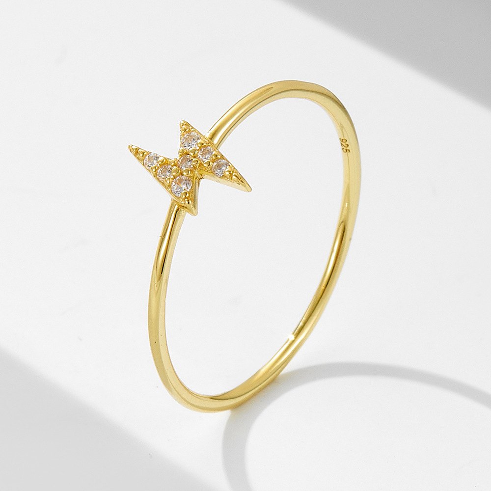 925 Sterling Silver Gold Plated Lightning Bolt Cubic Zirconia Ring Minimalist Stackable Fashion Ring for Women