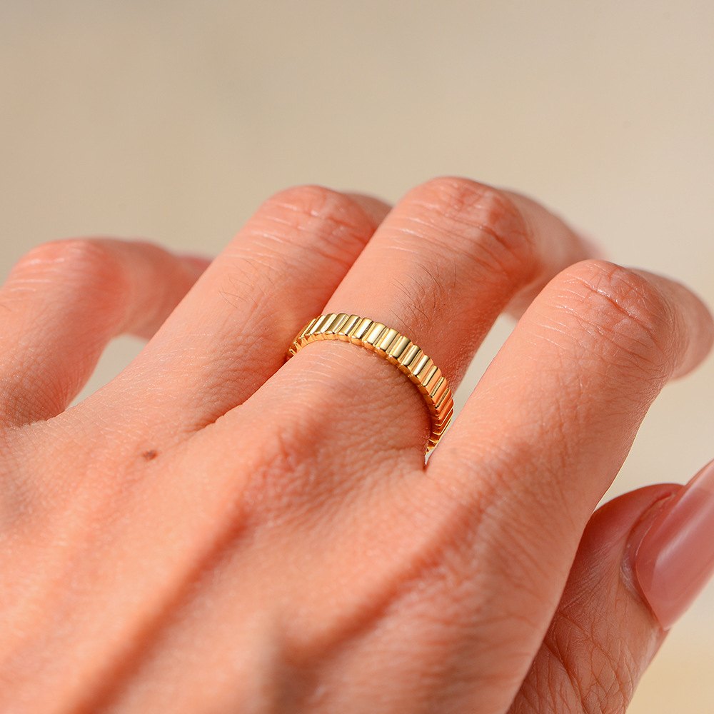 925 Sterling Silver Gold Plated Textured Band Ring Minimalist Geometric Stackable Ring for Women