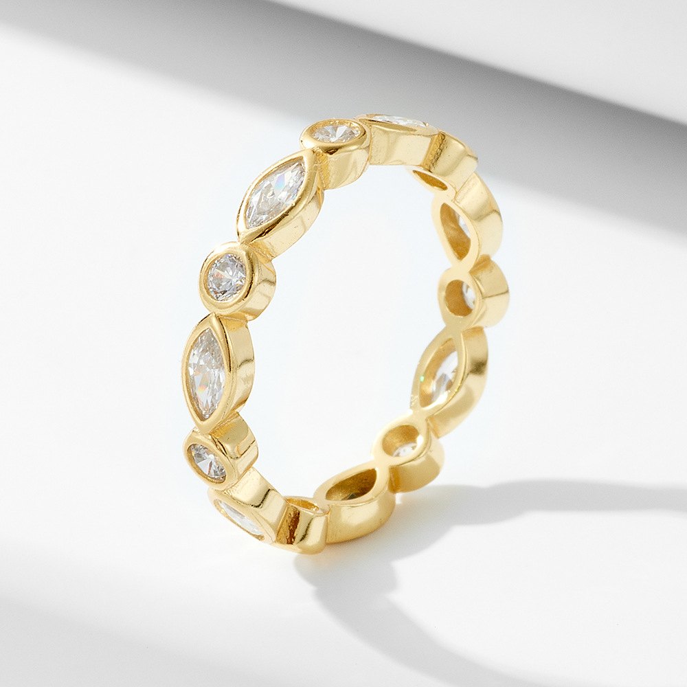 925 Sterling Silver Gold Plated Marquise Cut Cubic Zirconia Eternity Ring Geometric Fashion Band Ring for Women