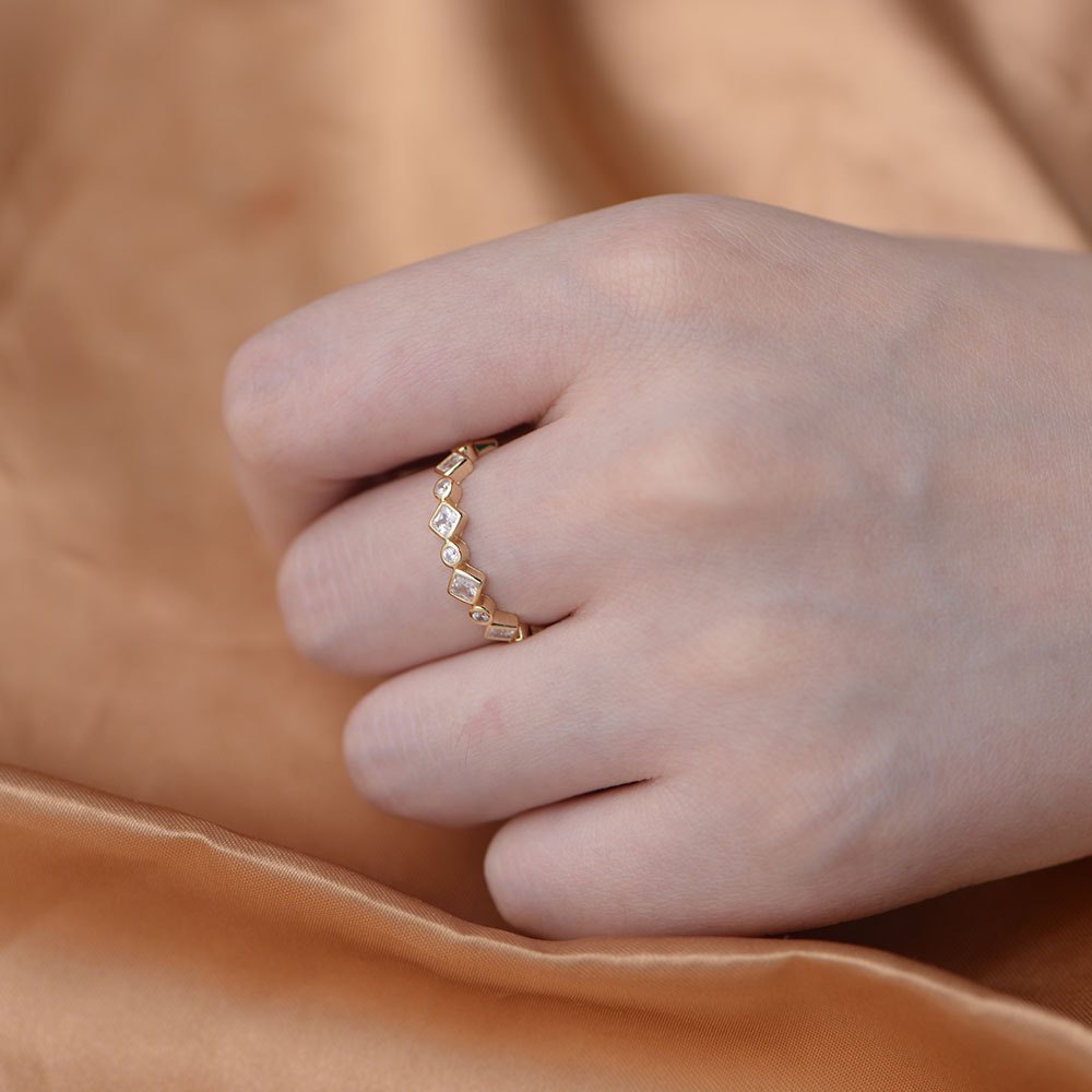 925 Sterling Silver Gold Plated Geometric Link CZ Eternity Ring Modern Stackable Band Ring for Women