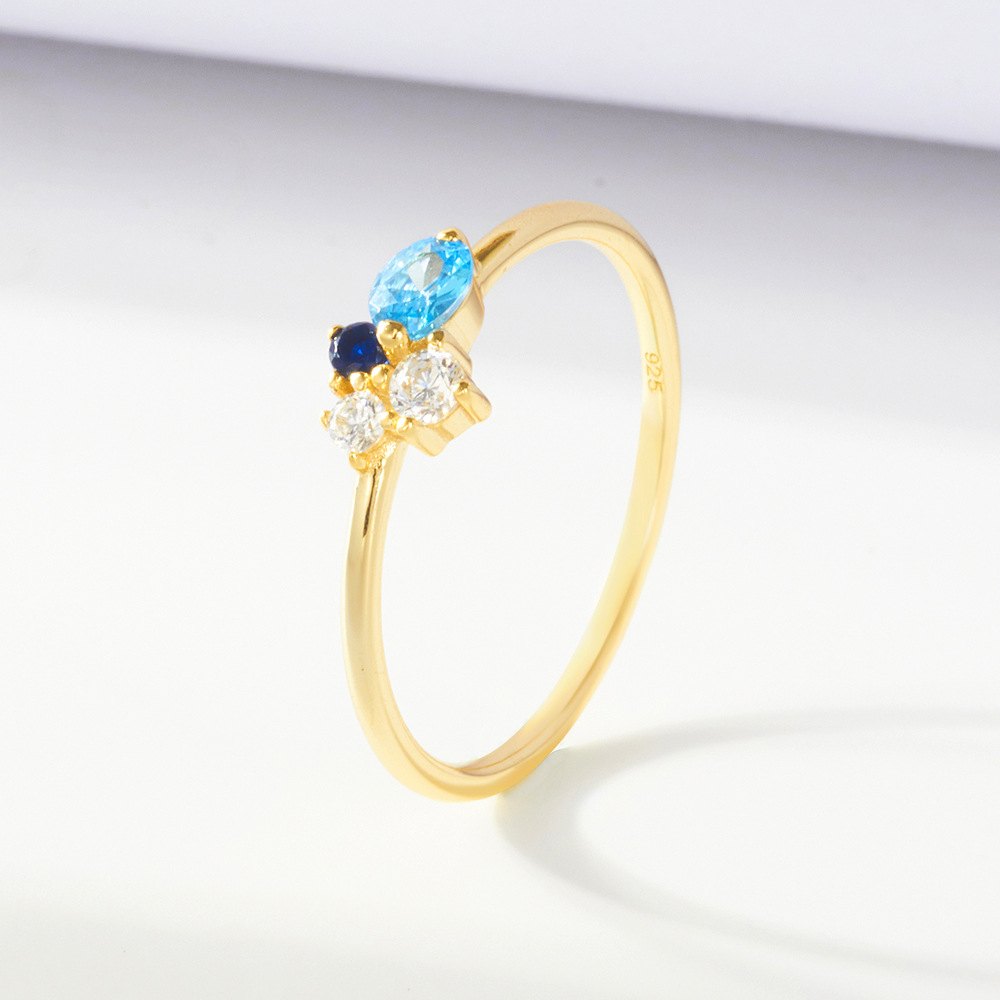 Wholesale 925 Sterling Silver Gold Plated Marquise Cut Blue Cubic Zirconia Ring Delicate Fashion Jewelry Ring for Women