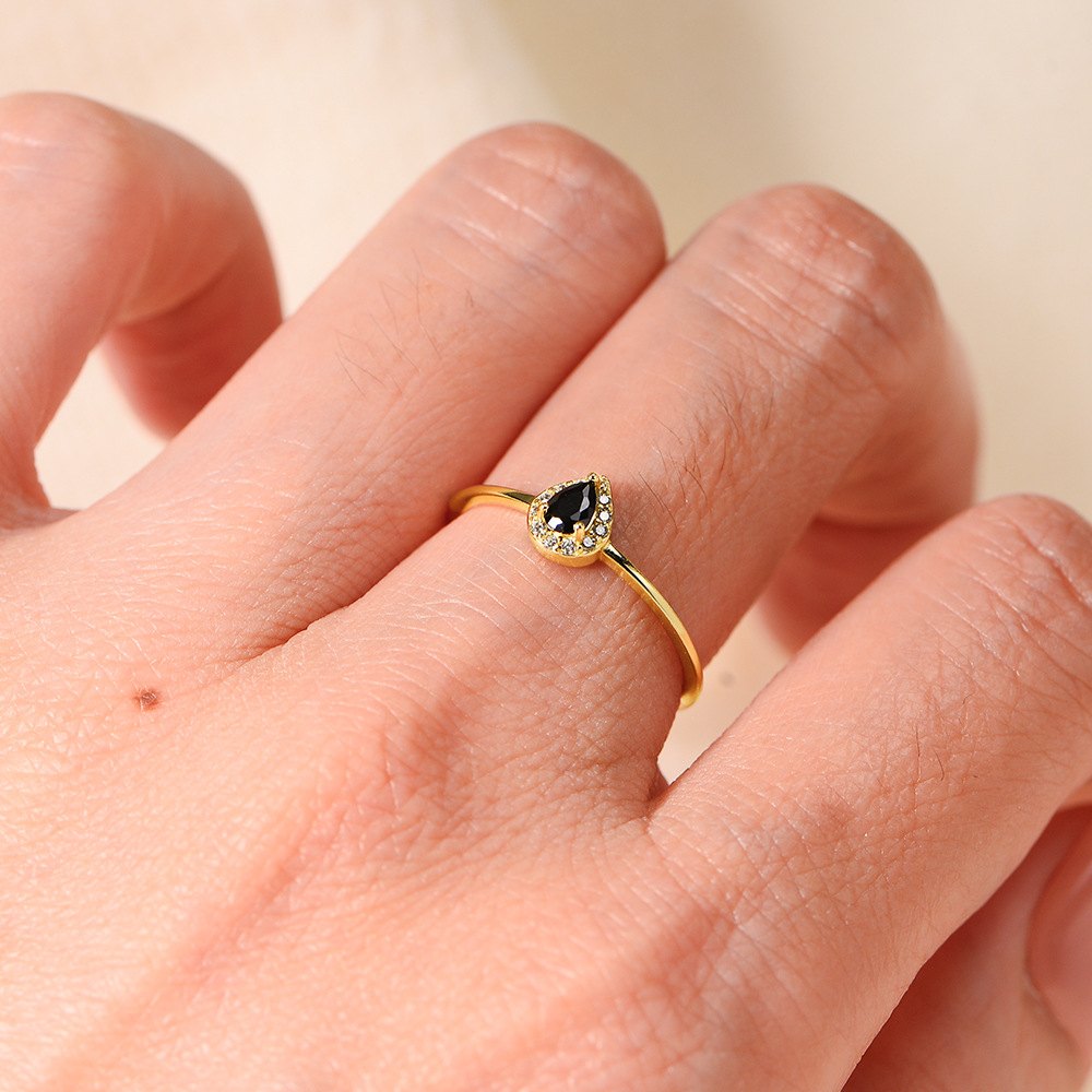 Wholesale 925 Sterling Silver Gold Plated Pear Cut Black Cubic Zirconia Halo Ring Fashion Statement Jewelry Ring for Women - Image 4