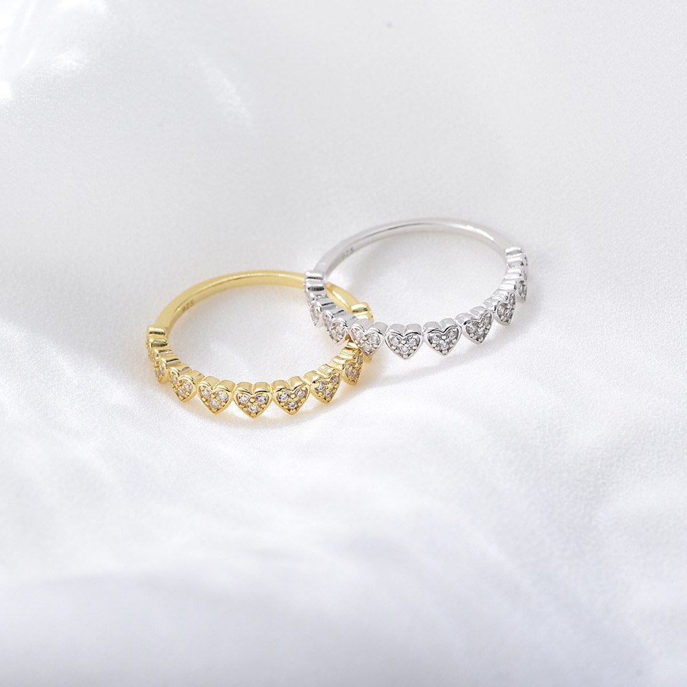 925 Sterling Silver Gold Plated Heart CZ Eternity Ring Romantic Stackable Band Ring for Women