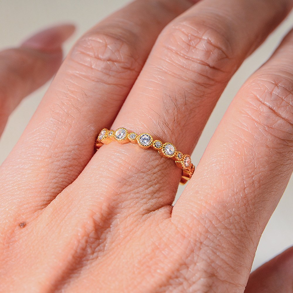 925 Sterling Silver Gold Plated Round Cut Cubic Zirconia Eternity Ring Stackable Wedding Band Ring for Women Jewelry