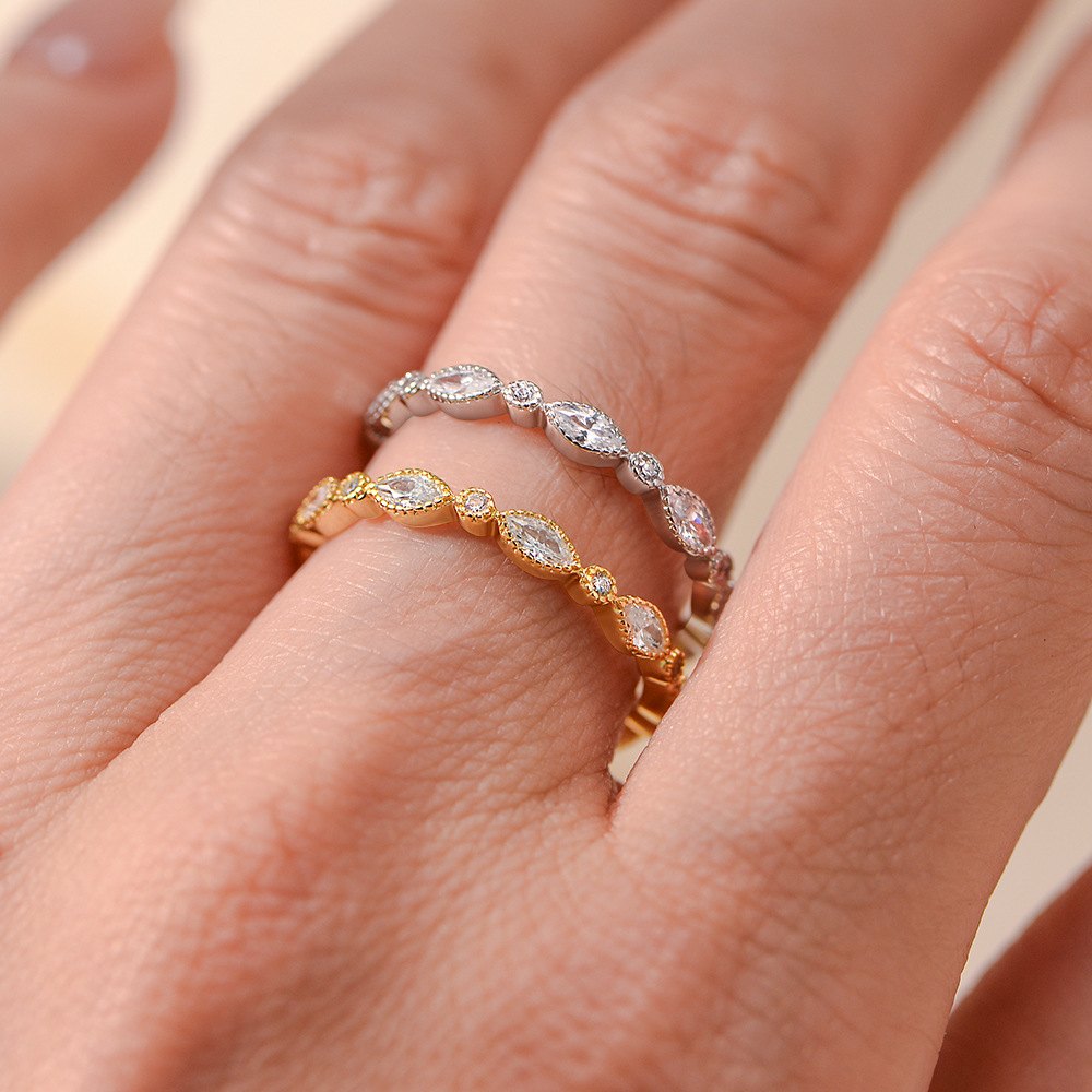925 Sterling Silver Gold Plated Marquise Cut CZ Eternity Ring Elegant Stackable Band Ring for Women
