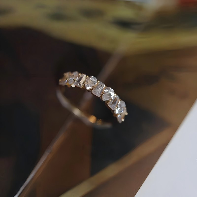 925 Sterling Silver Gold Plated Pear Cut CZ Half Eternity Ring Elegant Stackable Wedding Band Ring for Women