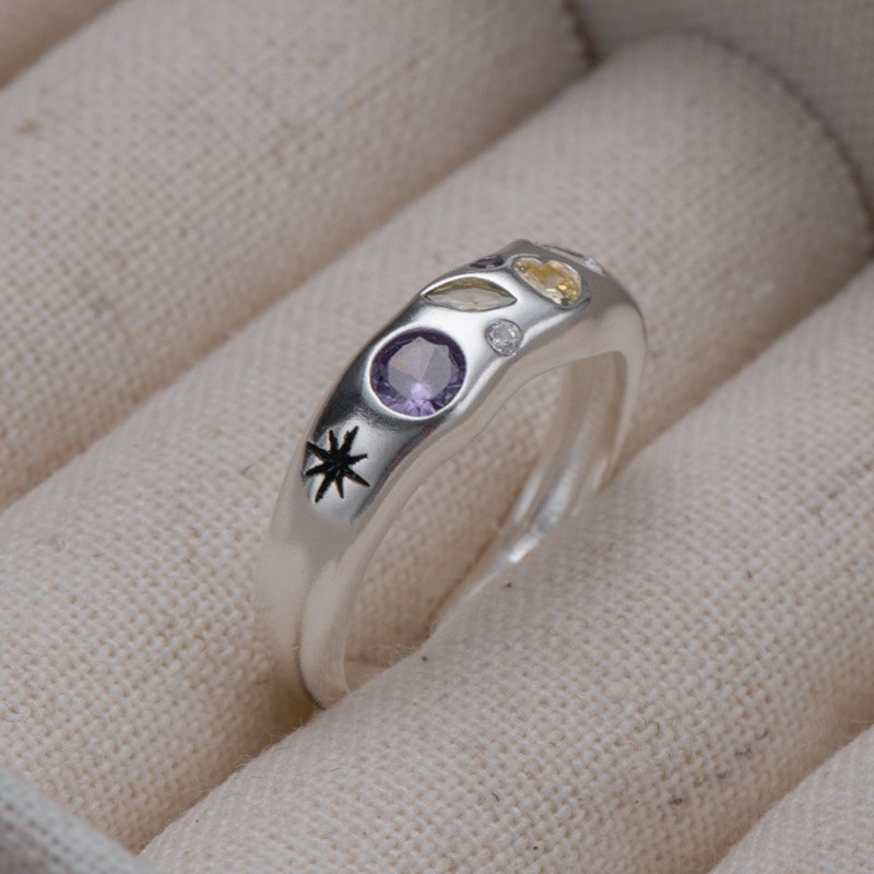 925 Sterling Silver Celestial Open Ring Multicolor CZ Star Moon Adjustable Ring for Women