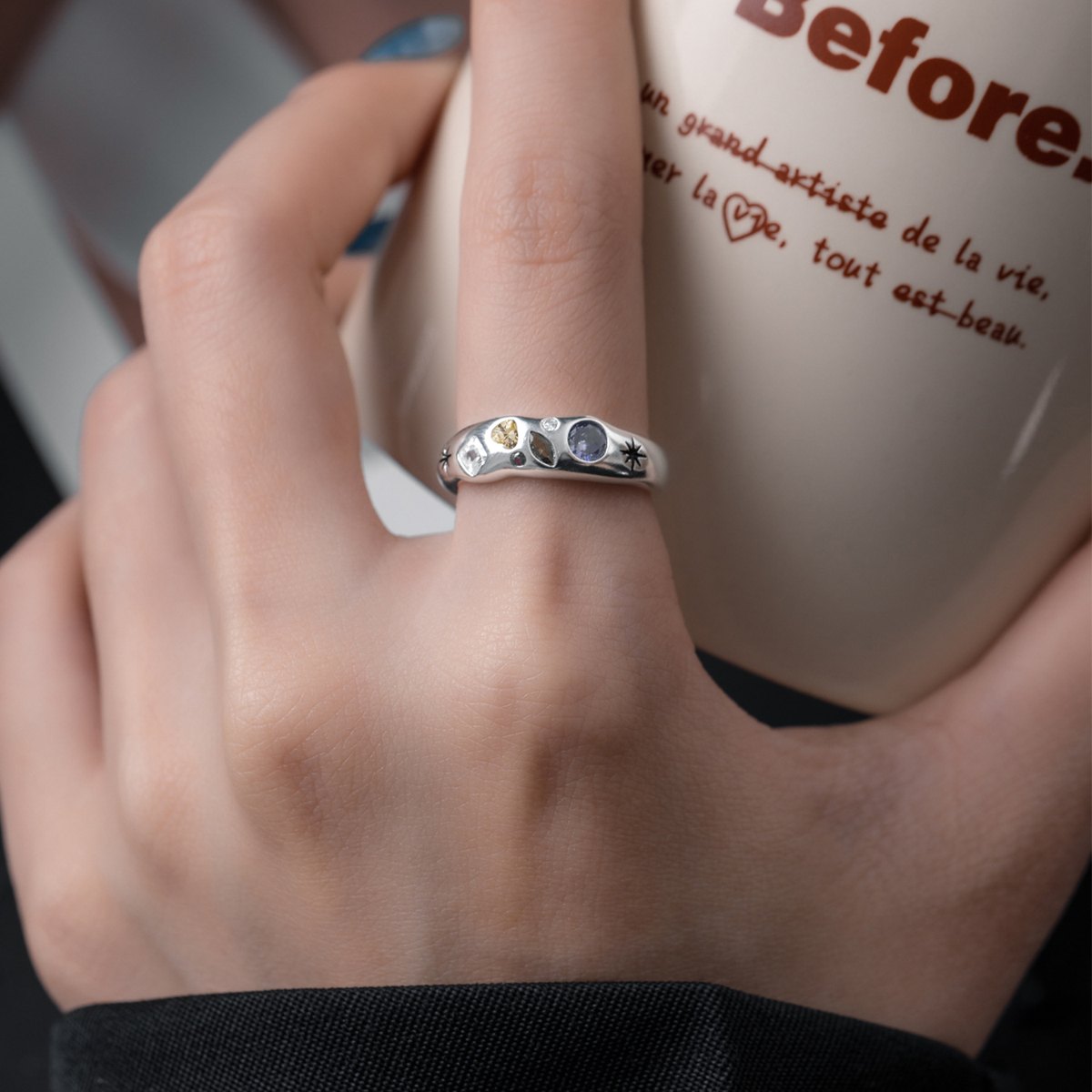 925 Sterling Silver Celestial Open Ring Multicolor CZ Star Moon Adjustable Ring for Women - Image 2