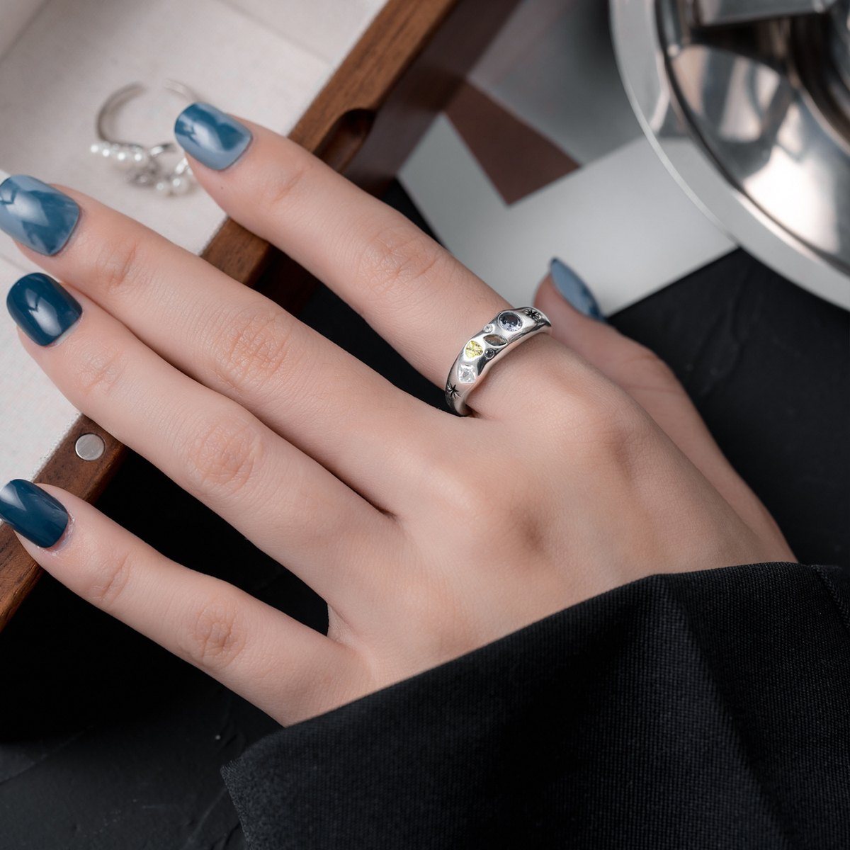 925 Sterling Silver Celestial Open Ring Multicolor CZ Star Moon Adjustable Ring for Women - Image 3