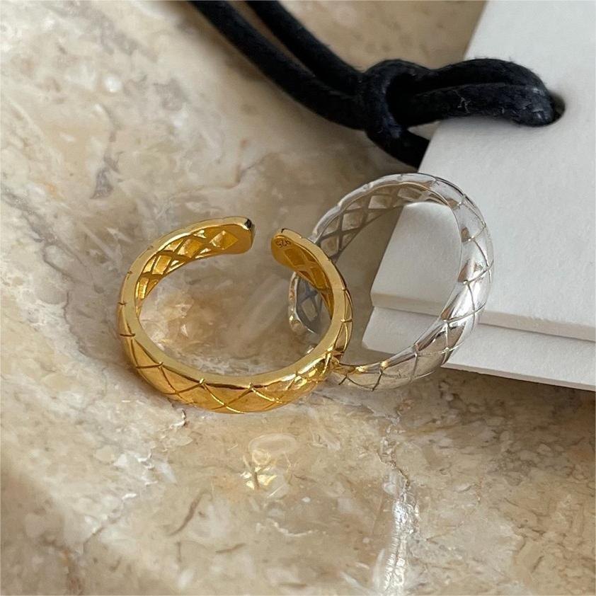 925 Sterling Silver Gold Plated Quilted Open Ring for Women Adjustable Geometric Wide Band Statement Fashion Jewelry Gift