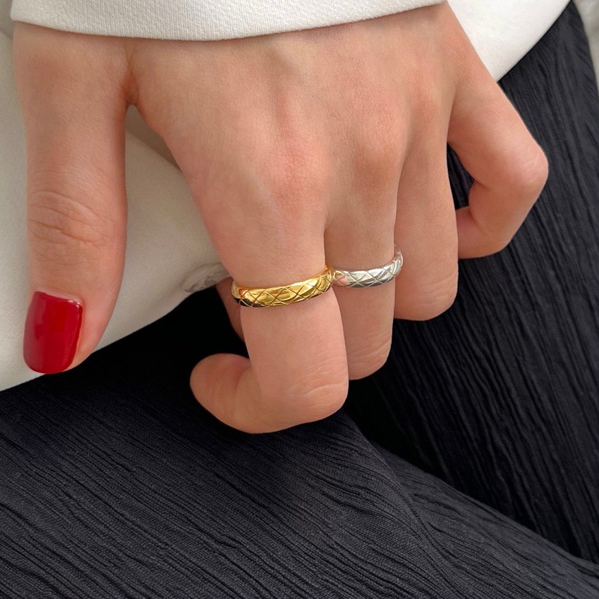 925 Sterling Silver Gold Plated Quilted Open Ring for Women Adjustable Geometric Wide Band Statement Fashion Jewelry Gift - Image 2
