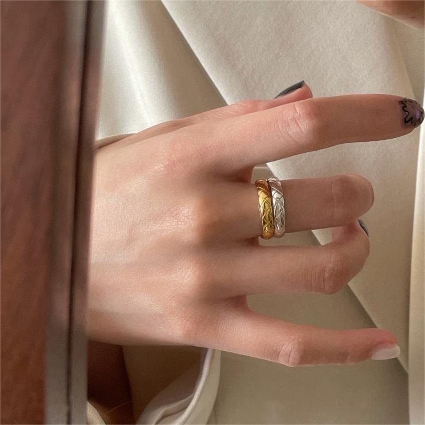 925 Sterling Silver Gold Plated Quilted Open Ring for Women Adjustable Geometric Wide Band Statement Fashion Jewelry Gift - Image 3