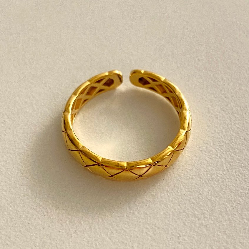 925 Sterling Silver Gold Plated Quilted Open Ring for Women Adjustable Geometric Wide Band Statement Fashion Jewelry Gift - Image 4