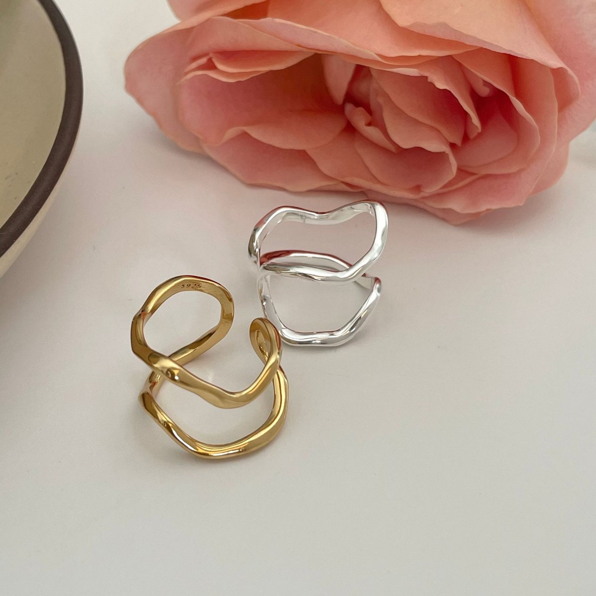 925 Sterling Silver Gold Plated Bow Ring for Women Adjustable Open Ring Minimalist Abstract Fashion Jewelry - Image 7