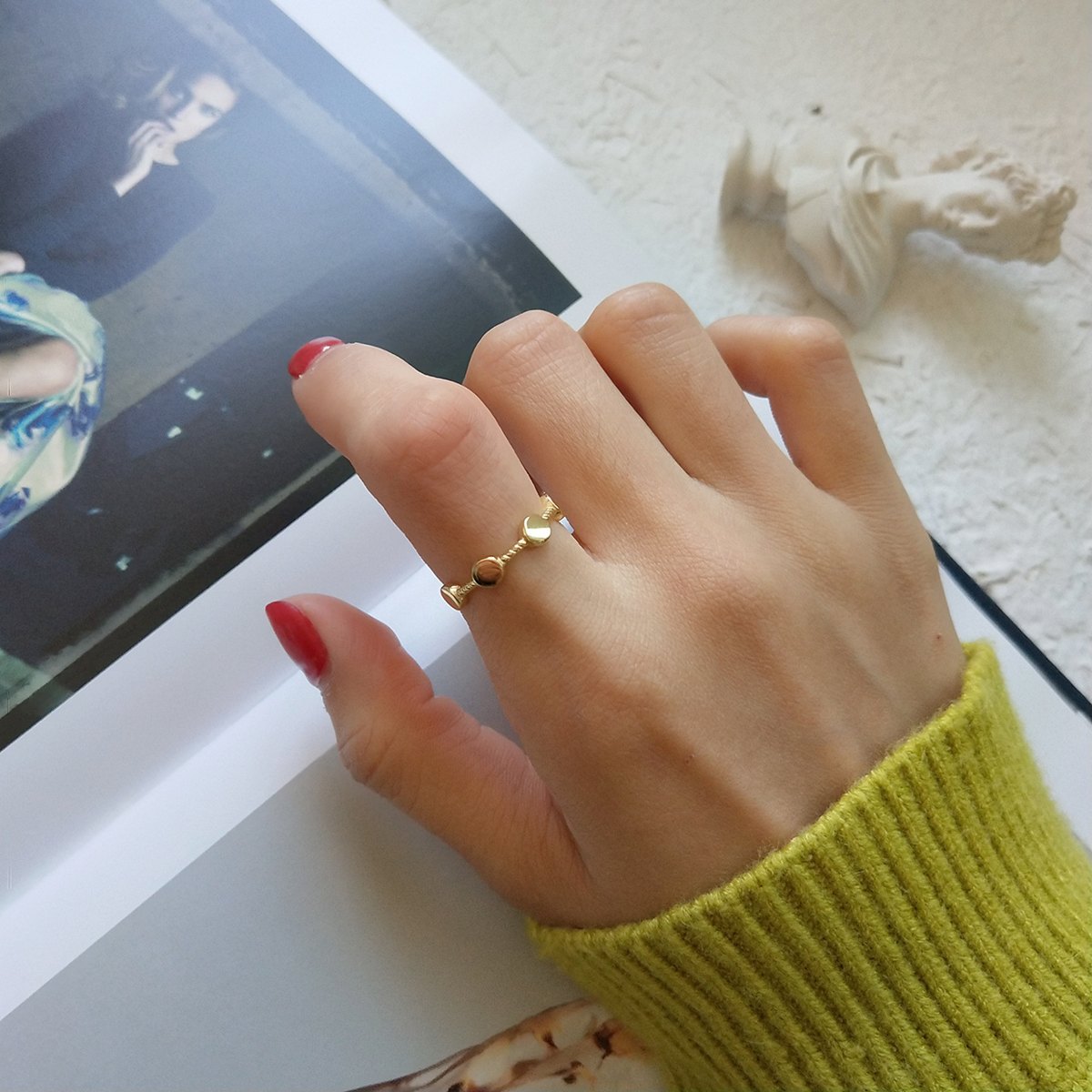 925 Sterling Silver Gold Plated Double Disc Chain Ring for Women Adjustable Open Ring Minimalist Fashion Jewelry