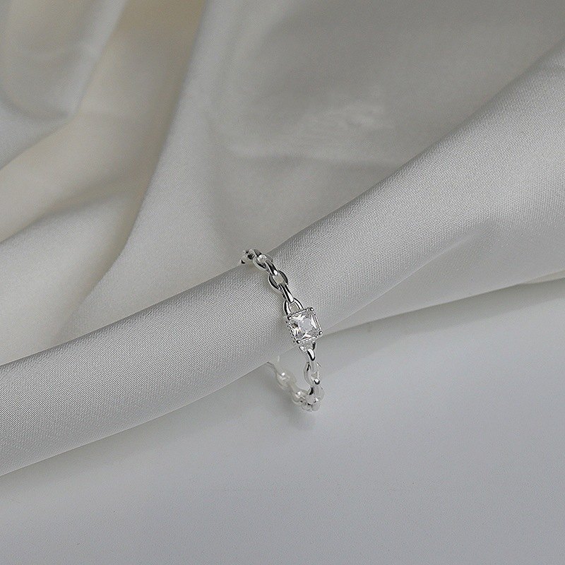 925 Sterling Silver Chain Link Ring for Women Square Cubic Zirconia Dainty Stackable Minimalist Fashion Jewelry Gift for Her