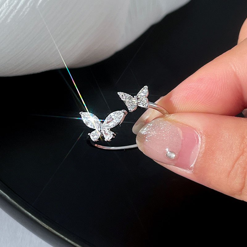 925 Sterling Silver Double Butterfly Open Ring for Women Adjustable Cubic Zirconia Dainty Nature Inspired Fashion Jewelry