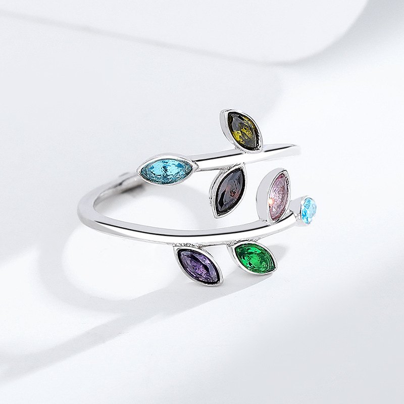 925 Sterling Silver Colorful Marquise CZ Leaf Open Ring for Women Adjustable Vine Ring Nature Inspired Fashion Jewelry