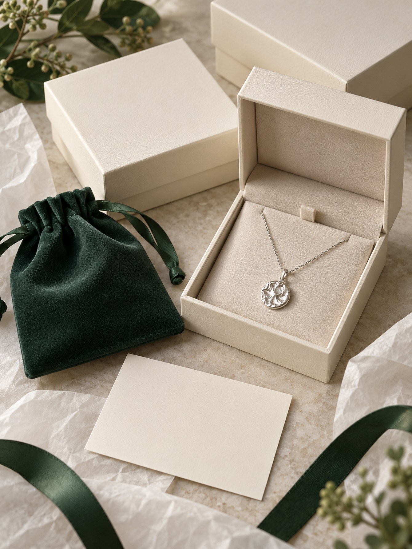 Private label packaging concept with jewelry box, pouch and brand card