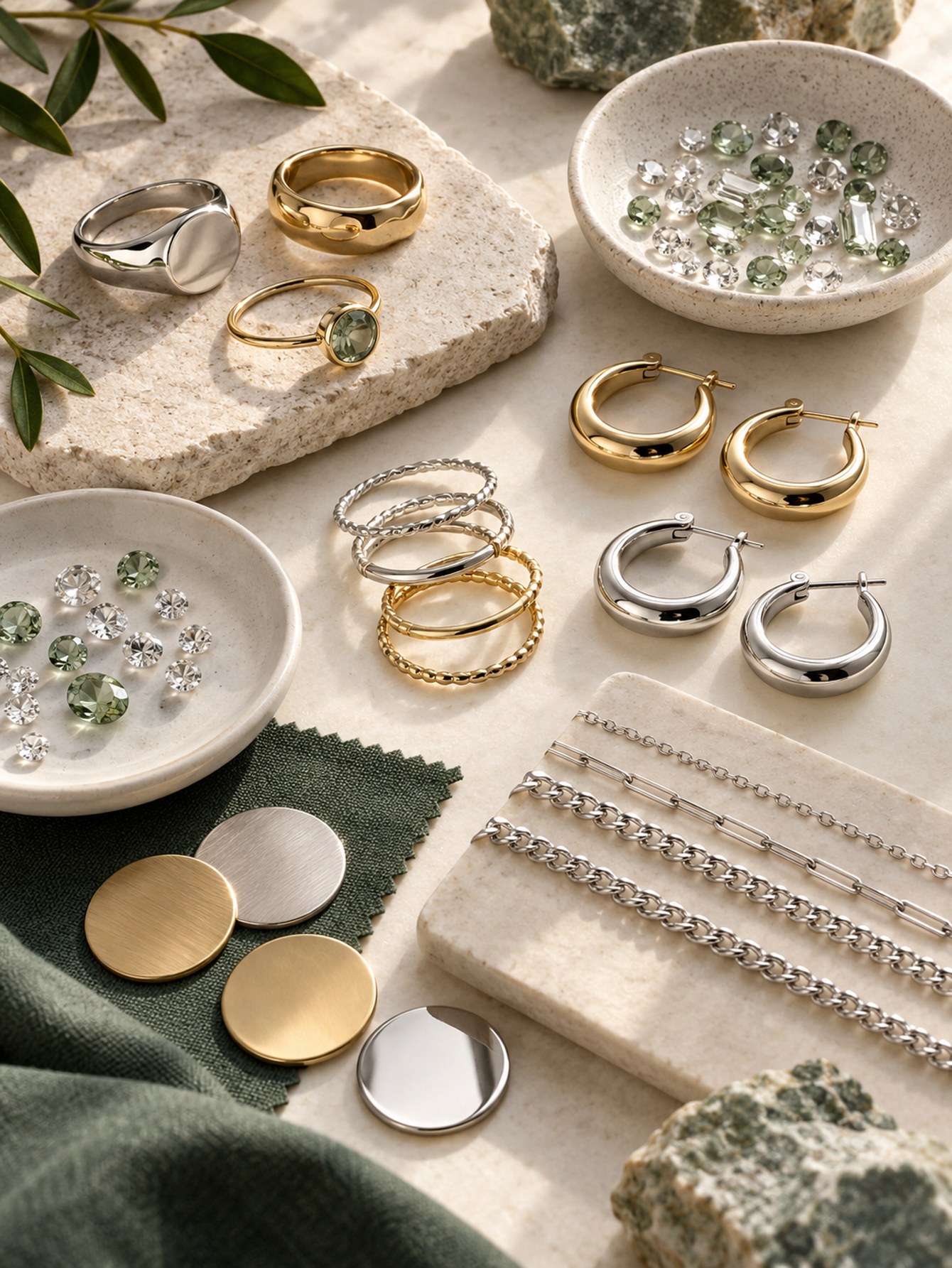 Jewelry customization concepts showing finishes, stones and chain styles