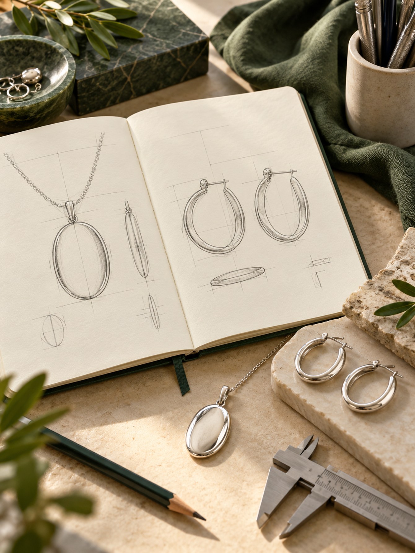 Jewelry design sketches with silver pendant and earring samples