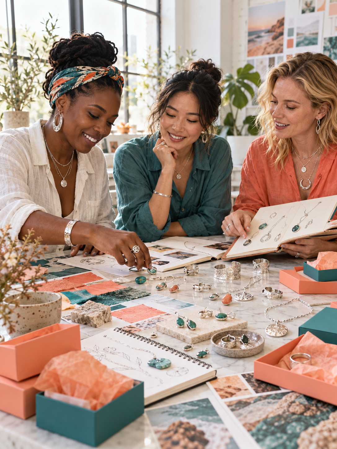 Concept illustration of a diverse creative team developing a jewelry collection