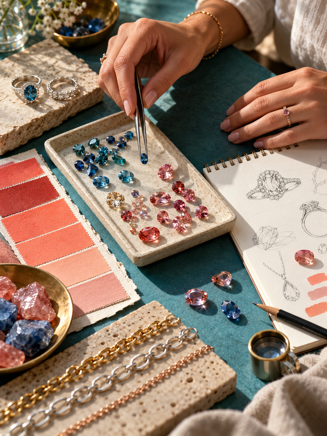 Concept illustration of gemstone selection and jewelry customization